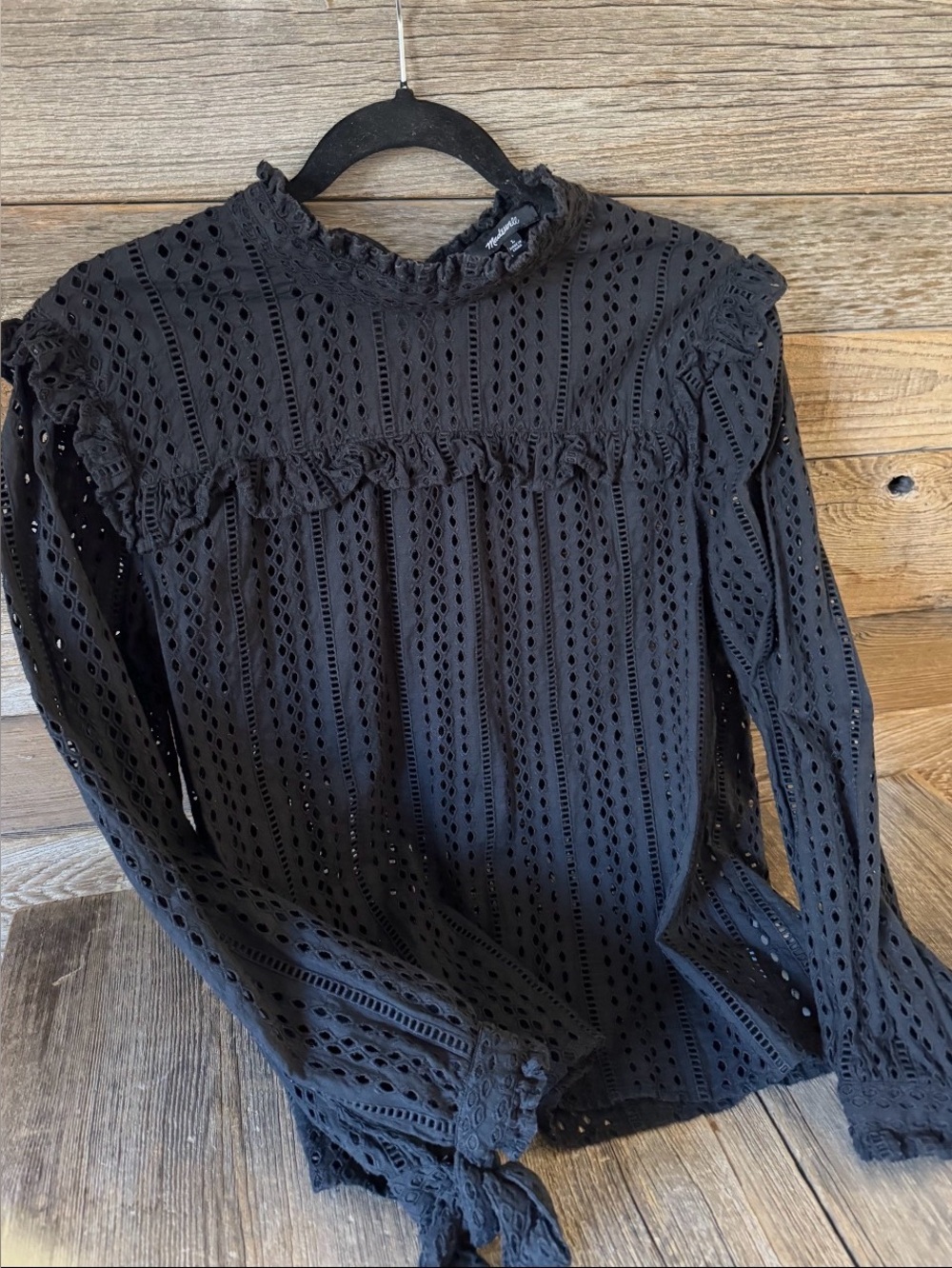 Madewell Black Eyelet Ruffle Long-Sleeve Blouse in size large